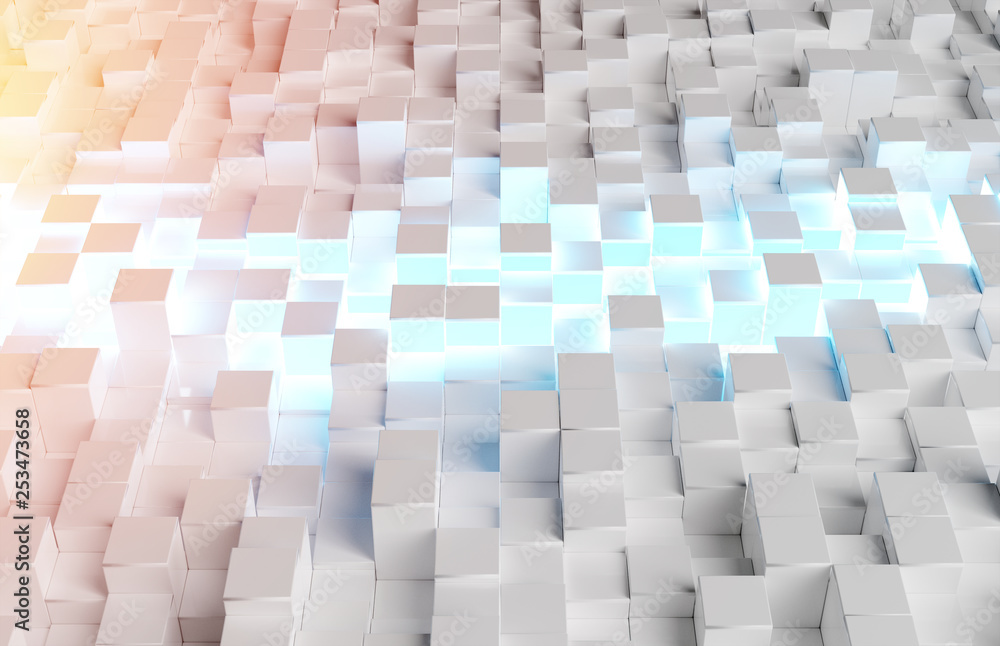 Glowing white and colorful abstract squares background pattern 3D rendering