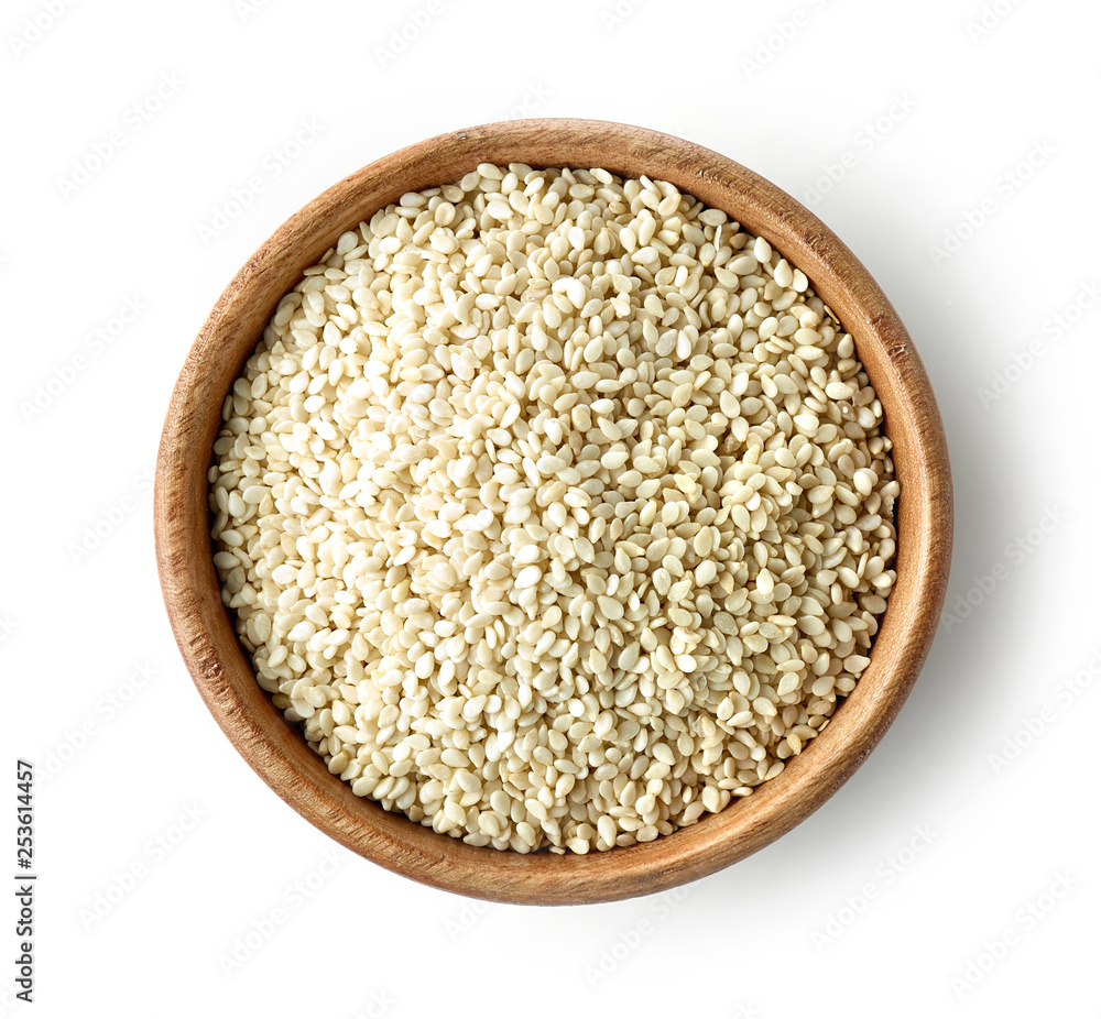 wooden bowl of sesame seeds