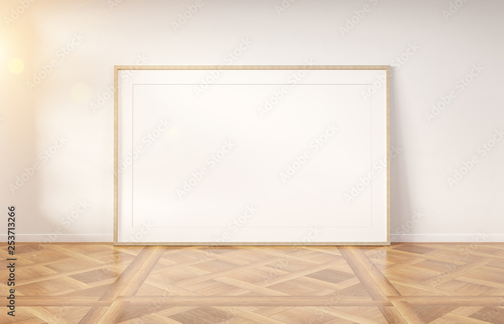 White frame in white interior mockup 3D rendering