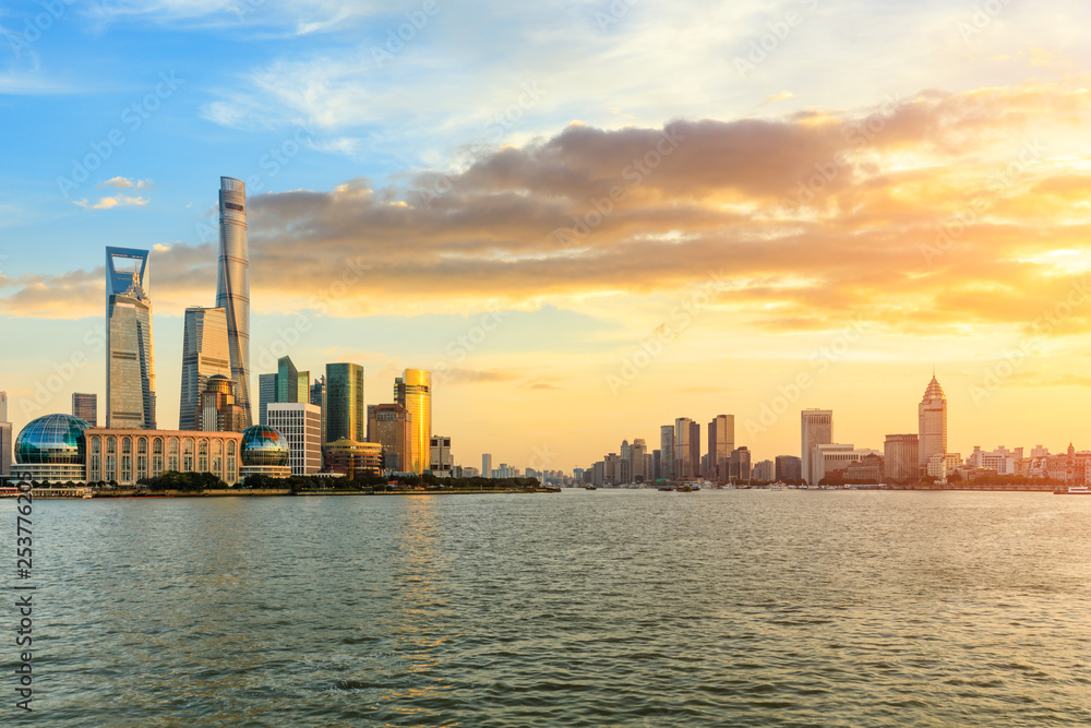 Beautiful Shanghai cityscape and clouds at sunset