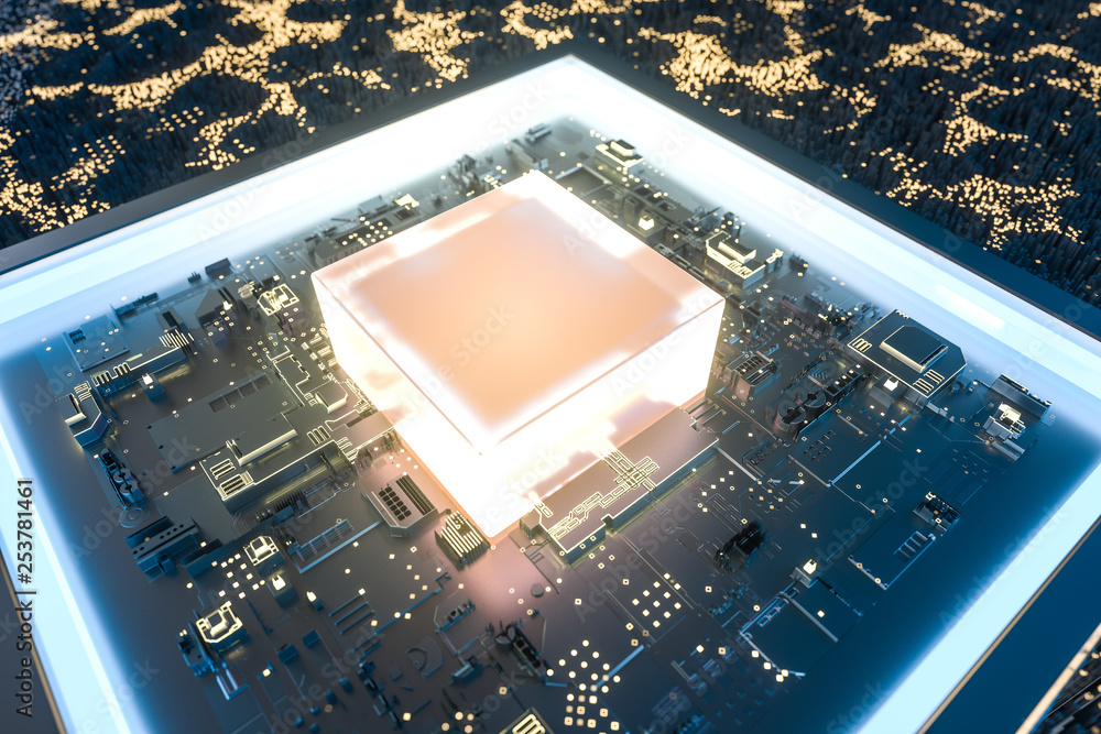 golden glowing circuit components, 3d rendering