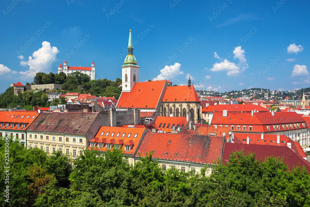 Bratislava castle, saint Martins cathedral and the old town rooftop view in Bratislava city center, 