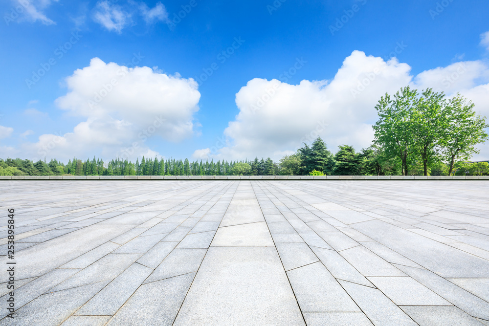 城市公园里空旷的广场层和绿色的森林