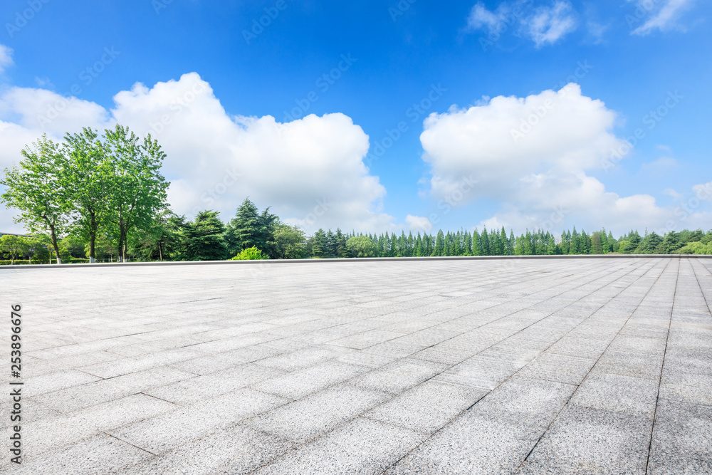 城市公园空荡荡的广场层和绿色的森林