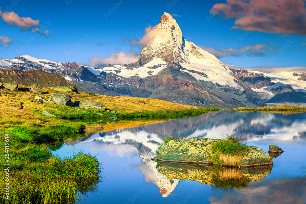 Morning view with Matterhorn peak and Stellisee lake, Valais, Switzerland