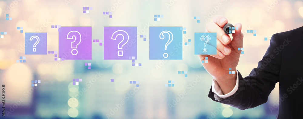 Question marks with businessman on blurred abstract background