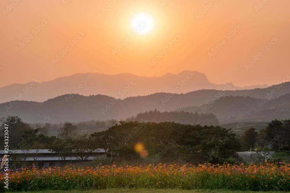 日落在山上与宇宙场