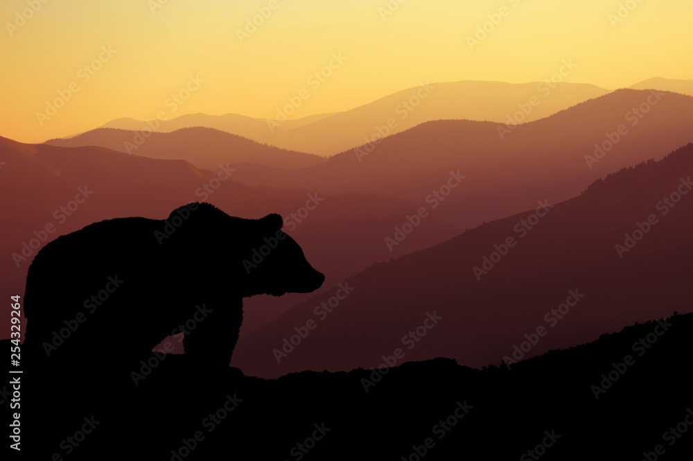 Deer silhouette on mountains background