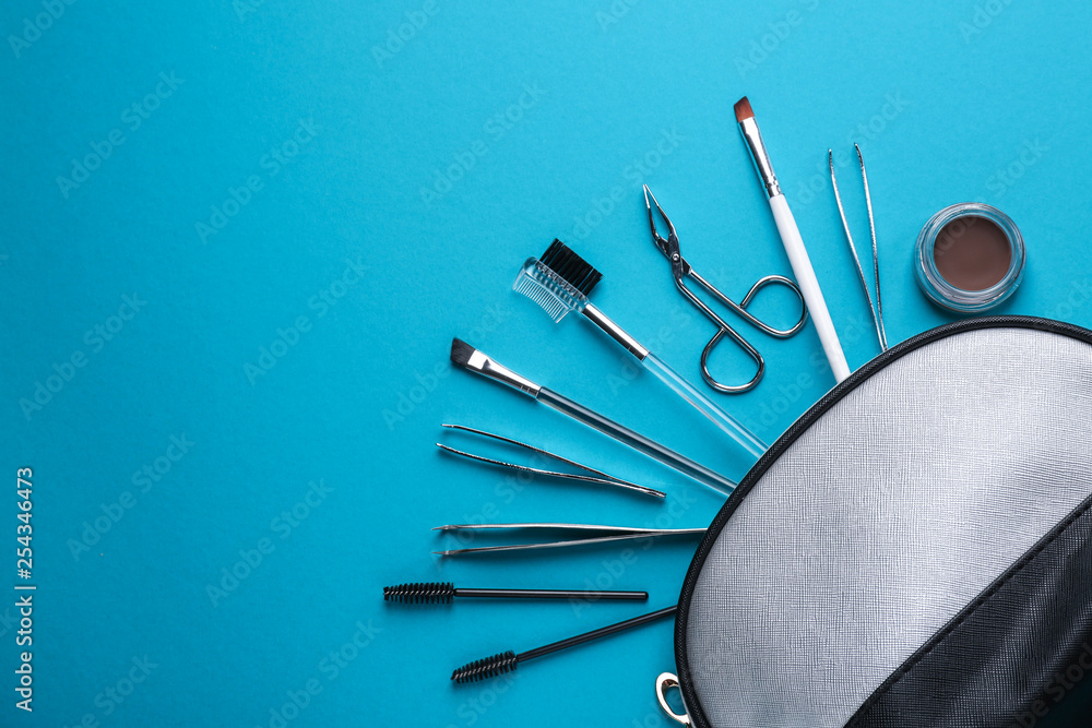 Set of tools for eyebrows correction on color background