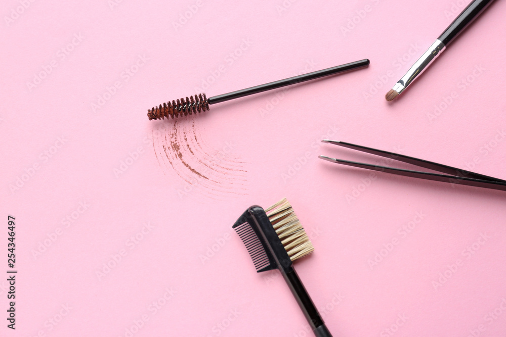 Set of tools for eyebrows correction on color background