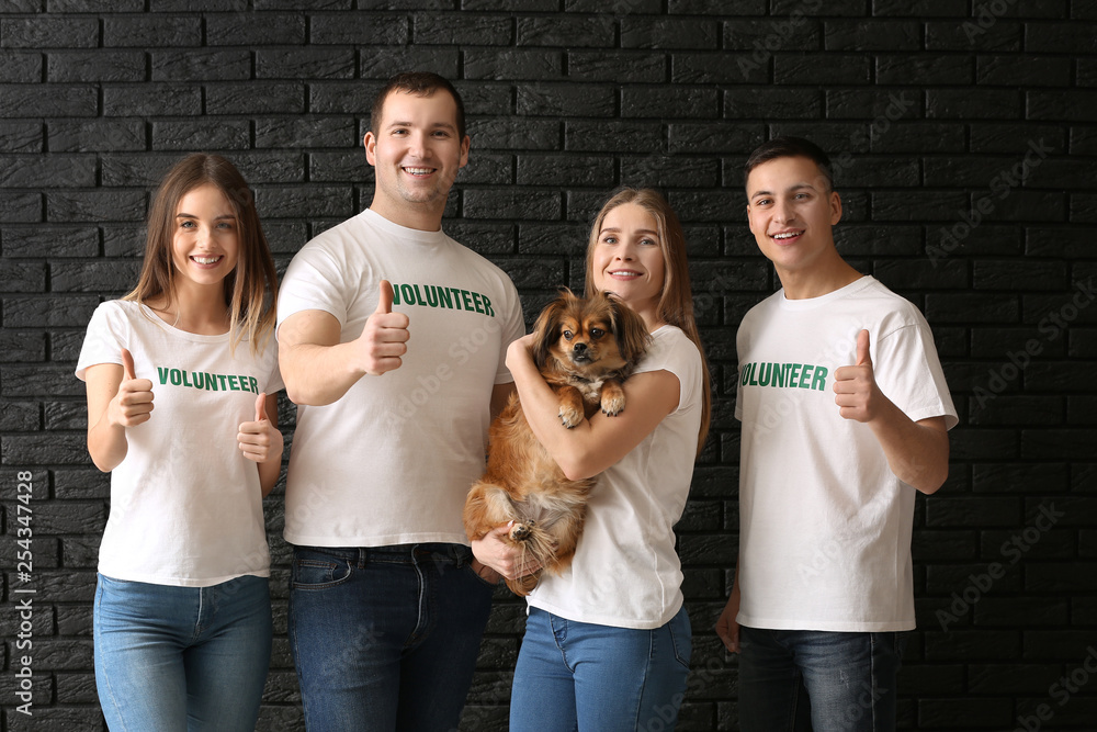 Team of young volunteers with dog on dark background