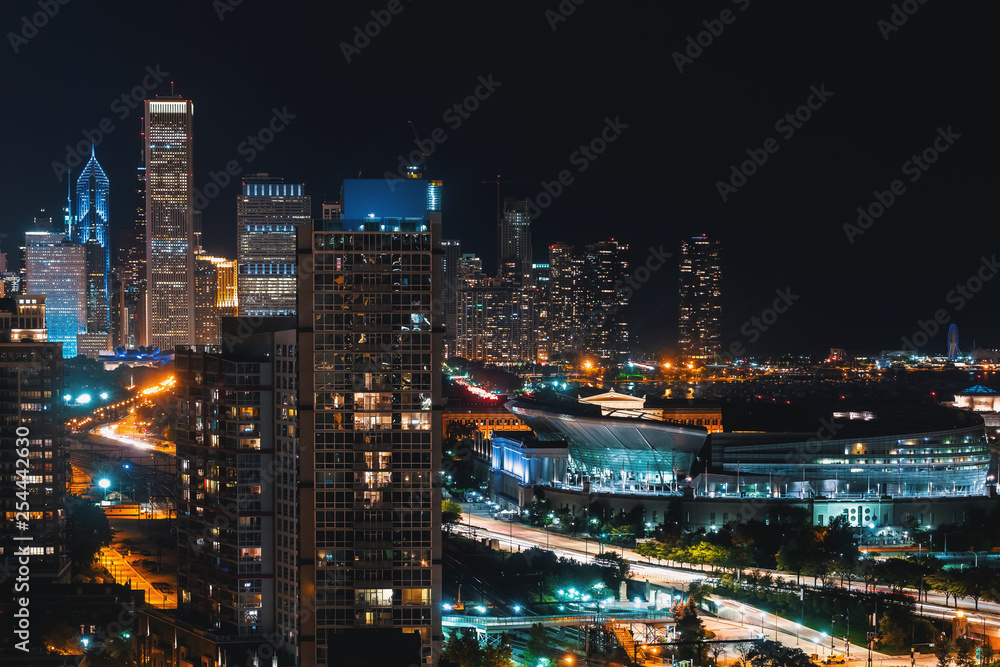 芝加哥市中心城市景观摩天大楼夜晚的天际线