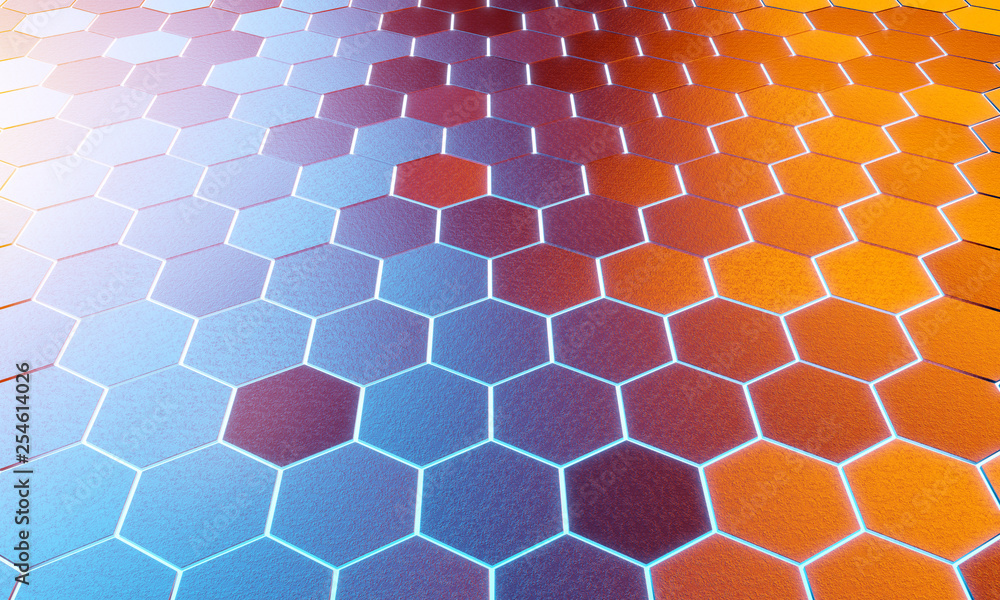 Glowing black blue and orange hexagons background pattern on silver metal surface 3D rendering