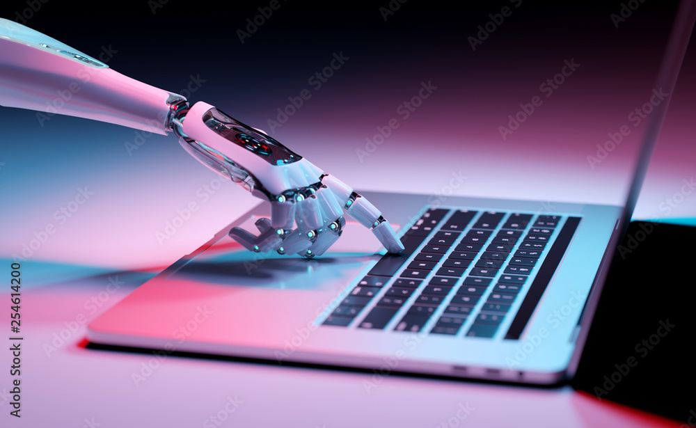 Robotic hand pressing a keyboard on a laptop 3D rendering