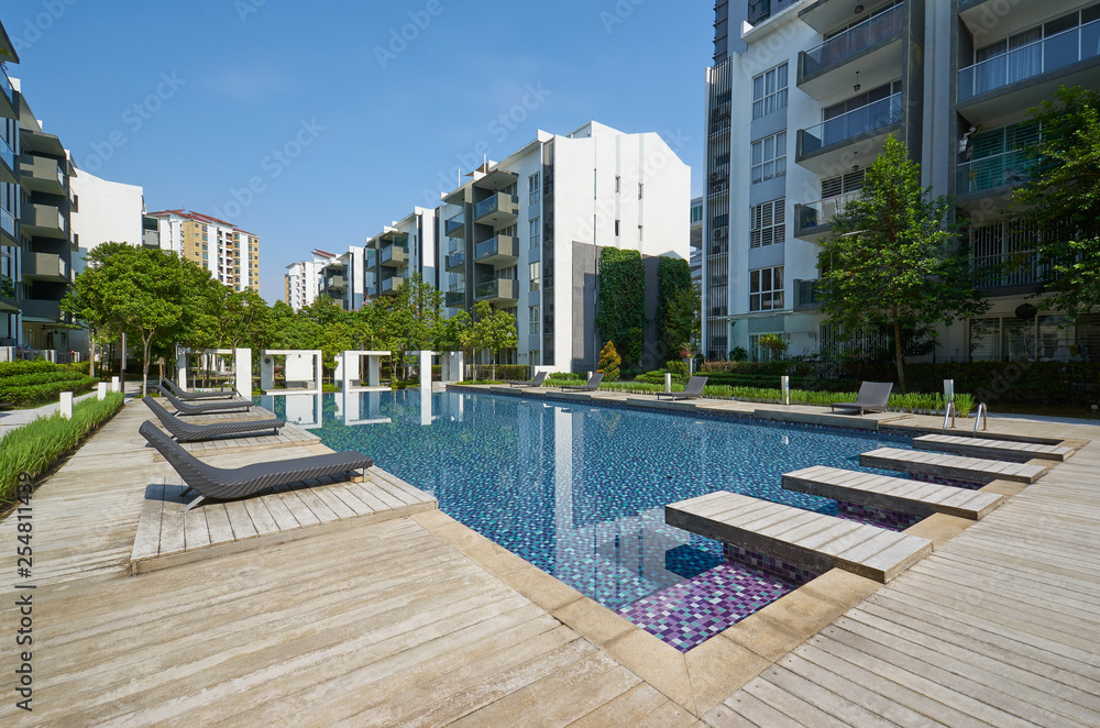 Modern residential buildings with outdoor facilities, Facade of new low-energy houses .