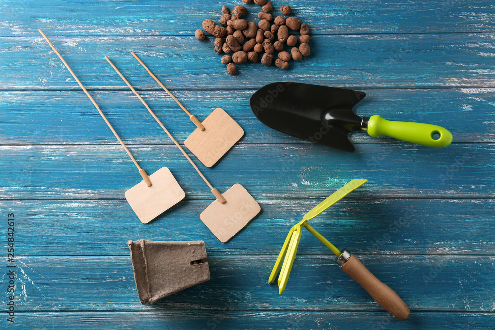 Composition with gardening tools on wooden background