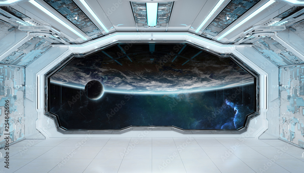 White blue spaceship futuristic interior with window view on planet Earth 3d rendering