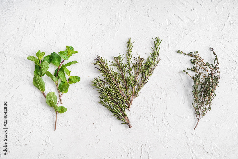 Bunches of aromatic herbs on white background