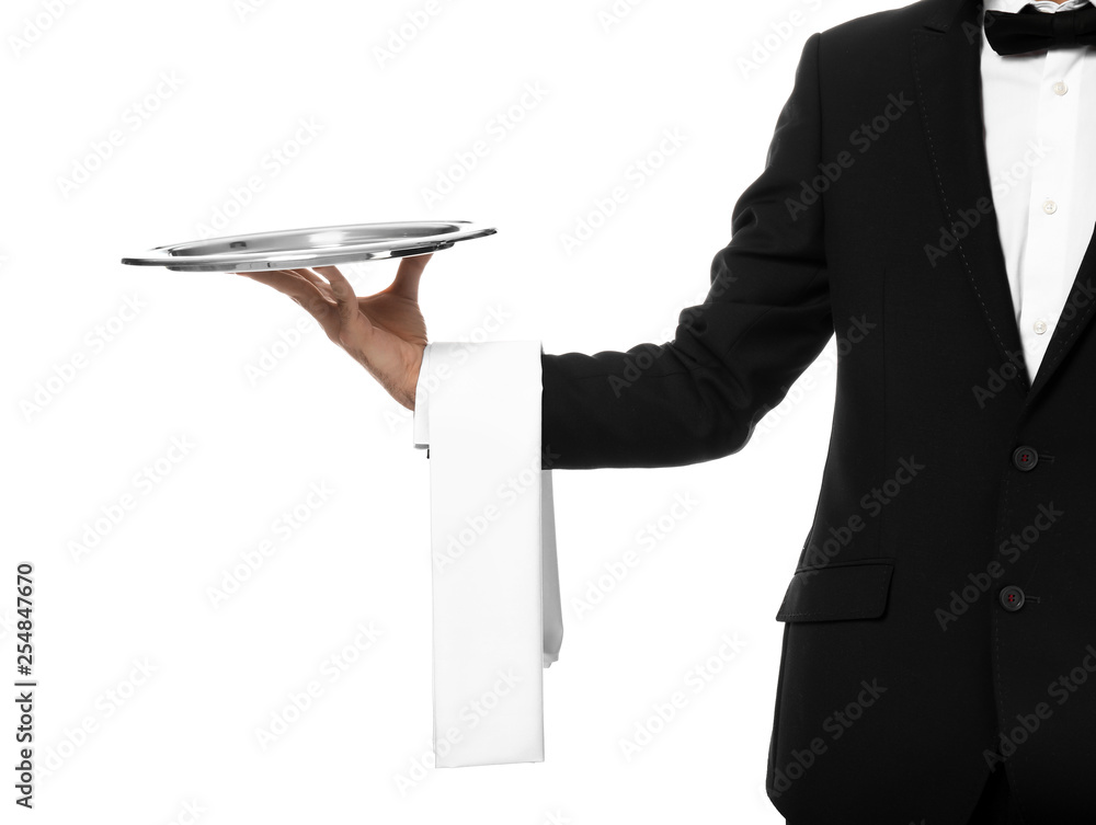 Waiter with empty tray on white background