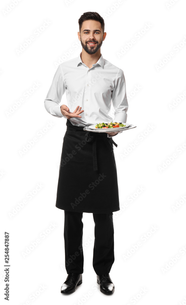 Waiter with fresh salad on white background