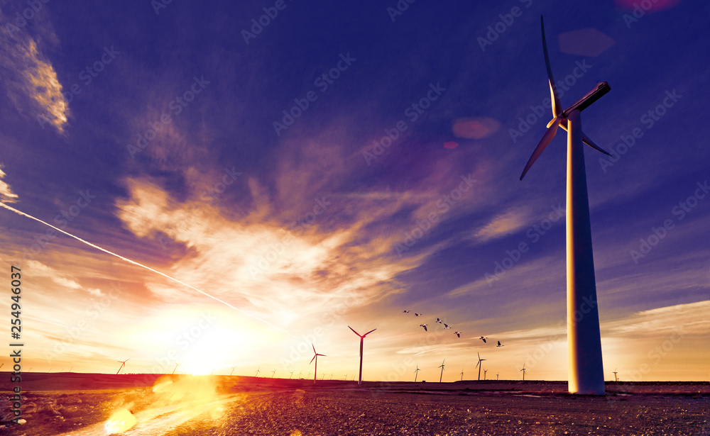 Parque eolico y molinos. Industria de energías renovables y electricidad..Turbinas de viento y paisa