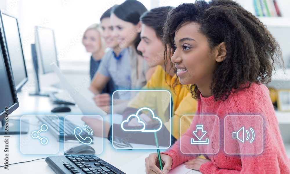 Group of students with laptop and book