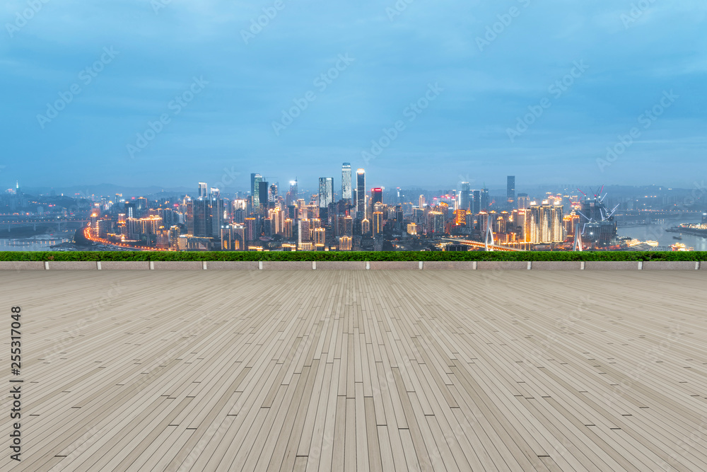 Urban skyscrapers with empty square floor tiles