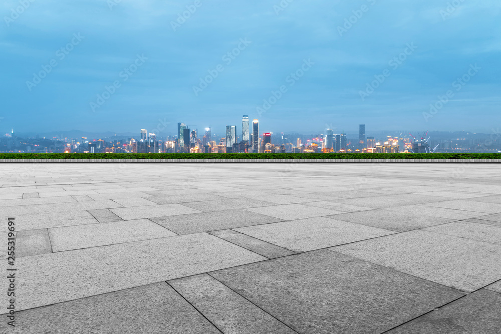 Urban skyscrapers with empty square floor tiles