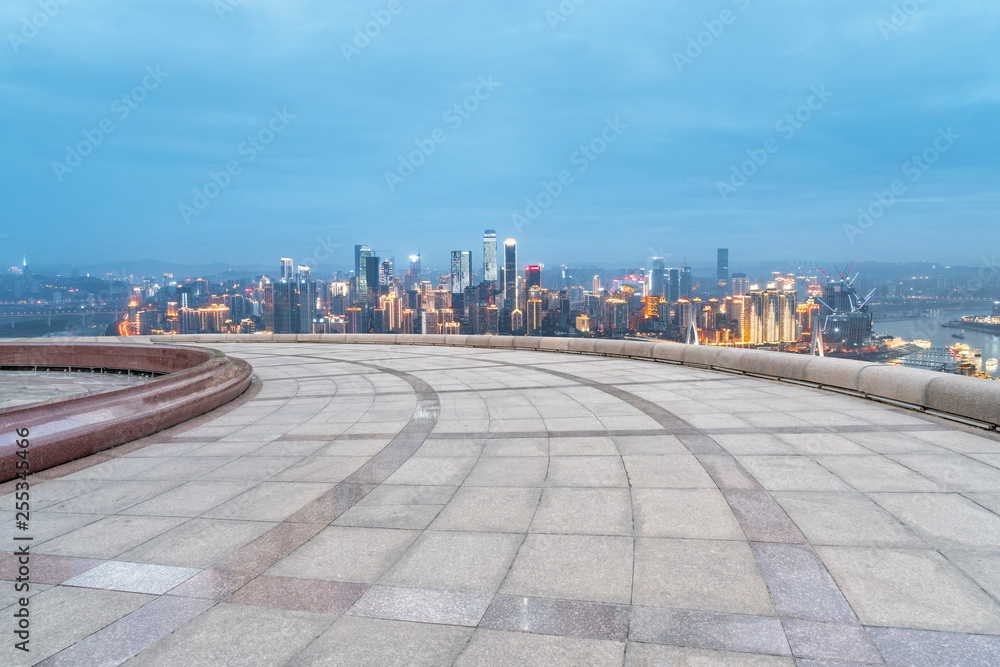 Urban skyscrapers with empty square floor tiles