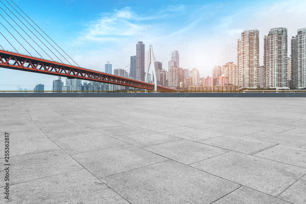 Urban skyscrapers with empty square floor tiles