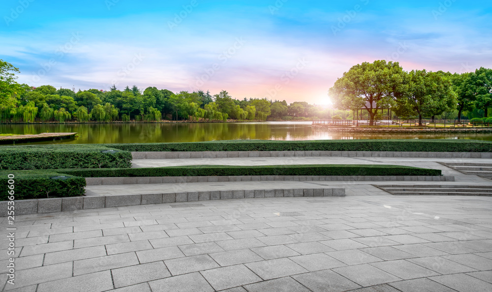 Empty square tiles and beautiful sky scenery