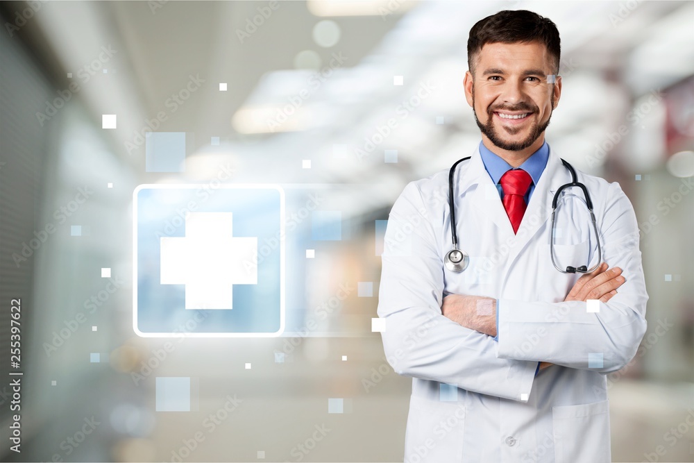 Handsome doctor portrait  on background