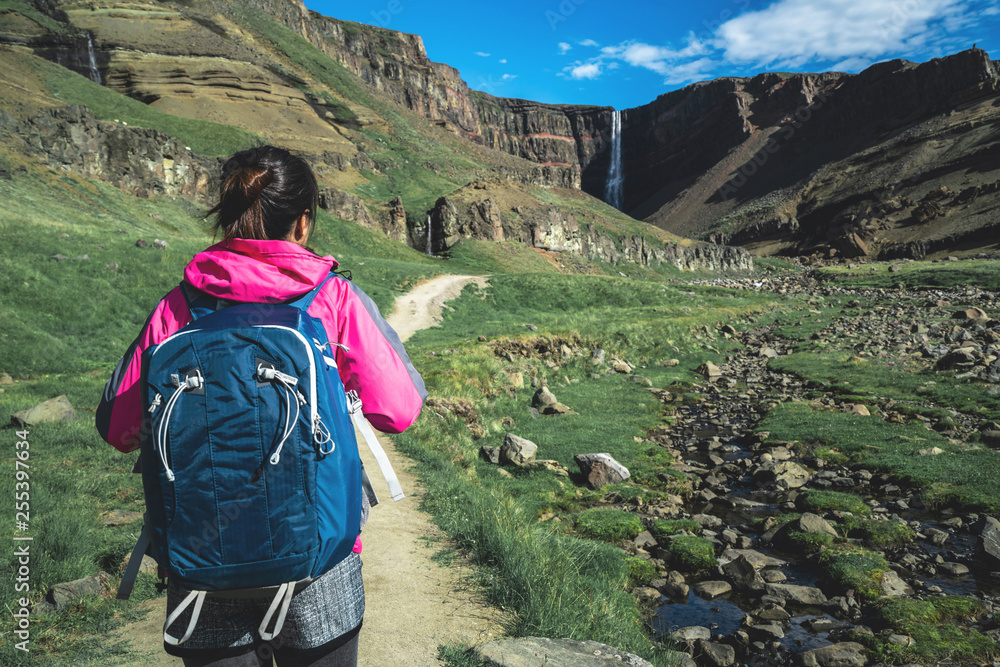 女游客在冰岛亨吉福斯瀑布的冰岛夏季景观中徒步旅行
1346110593,带有花朵曼陀罗图案的邀请函或卡片模板。婚礼、问候的装饰背景