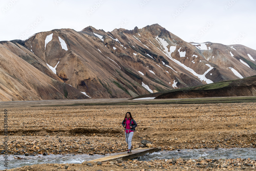 旅行者在欧洲北欧冰岛高地的Landmannaulaugar超现实自然景观徒步旅行。