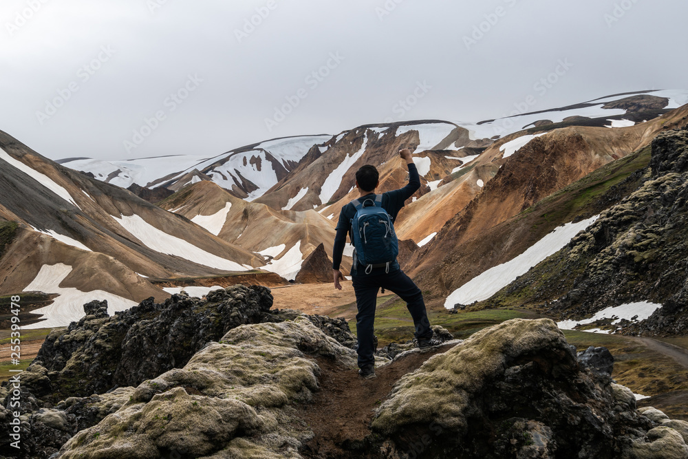 旅行者在欧洲北欧冰岛高地的Landmannaulaugar超现实自然景观徒步旅行。