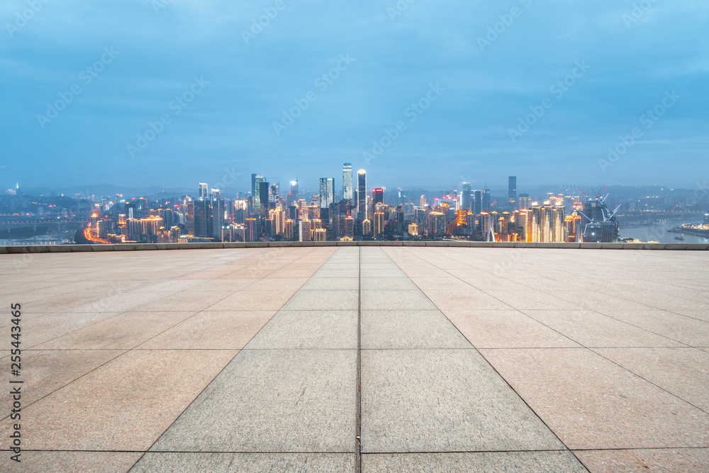 Urban skyscrapers with empty square floor tiles