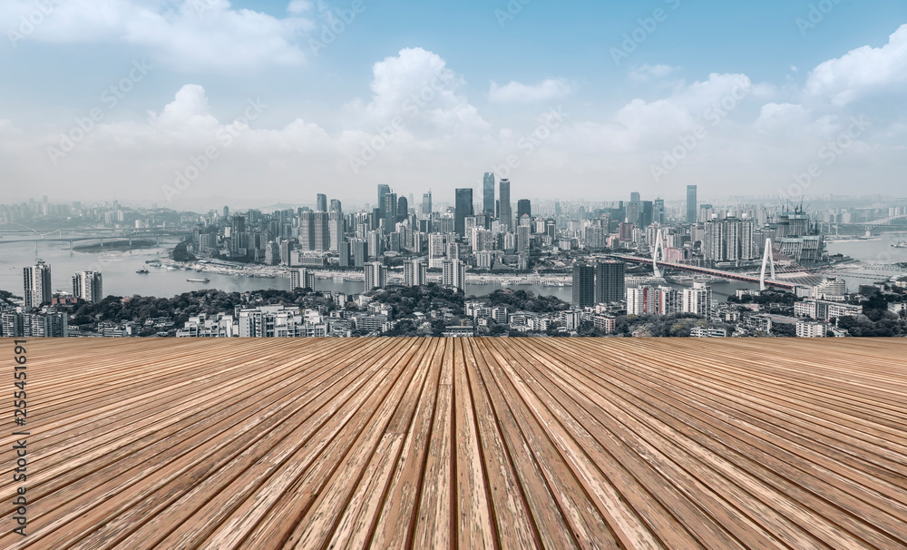 Urban skyscrapers with empty square floor tiles