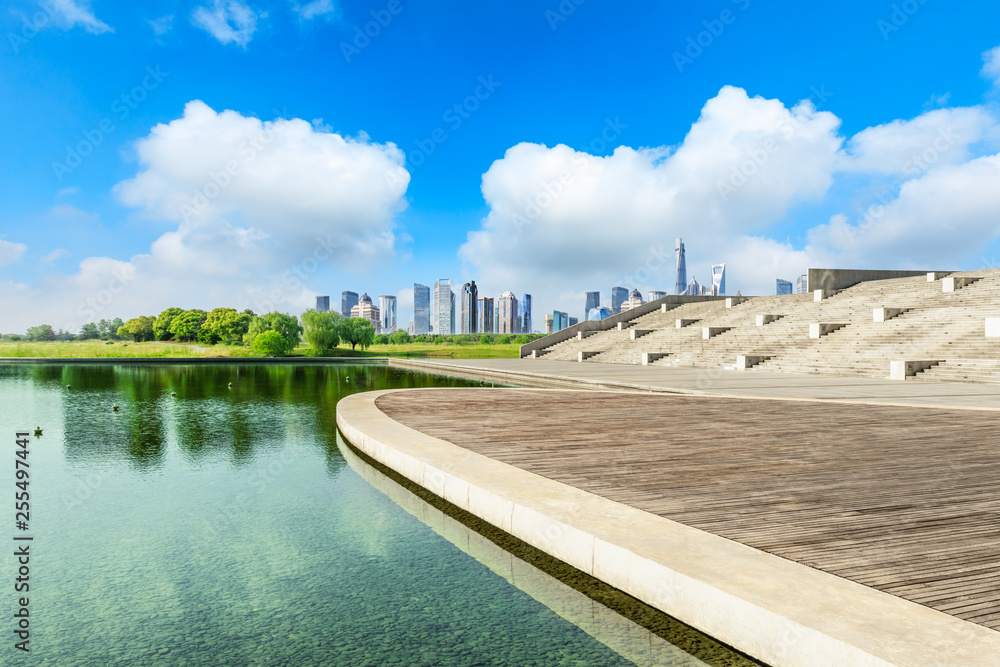 Shanghai city skyline panorama and empty wooden platform floor