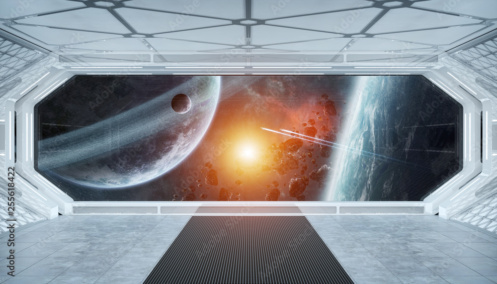 White blue spaceship futuristic interior with window view on space and planets 3d rendering