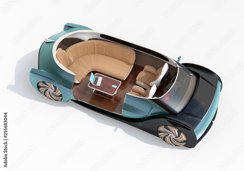 Cutaway self driving electric car isolated on white background. Lounge chair and rear facing seats. 