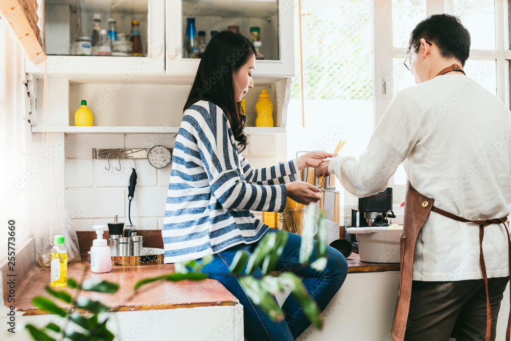 Attractive Asian couple marry family  preparing cooking food dinner together with happiness and fres