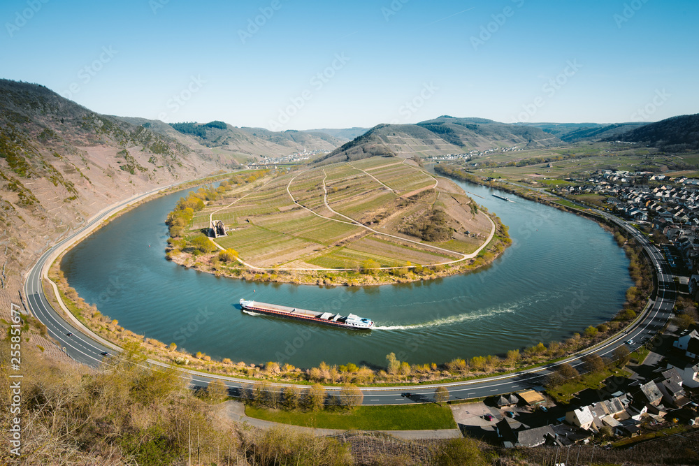 Moselle river bend with the historic town of Bremm, Rheinland-Pfalz, Germany