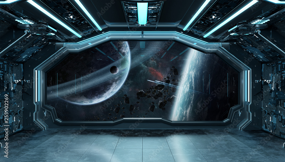 Dark blue spaceship futuristic interior with window view on space and planets 3d rendering