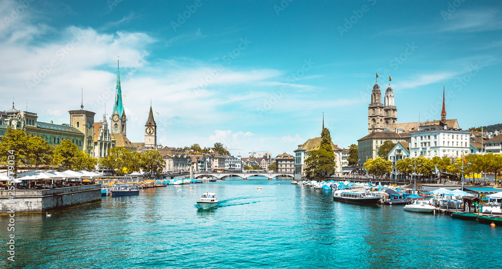 Zürich city panorama with Limmat river in summer, Switzerland