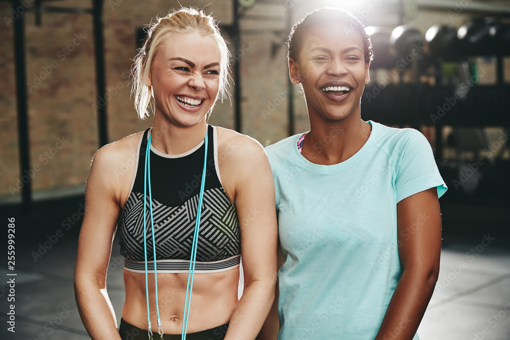 Laughing  young female friends standing in a gym together