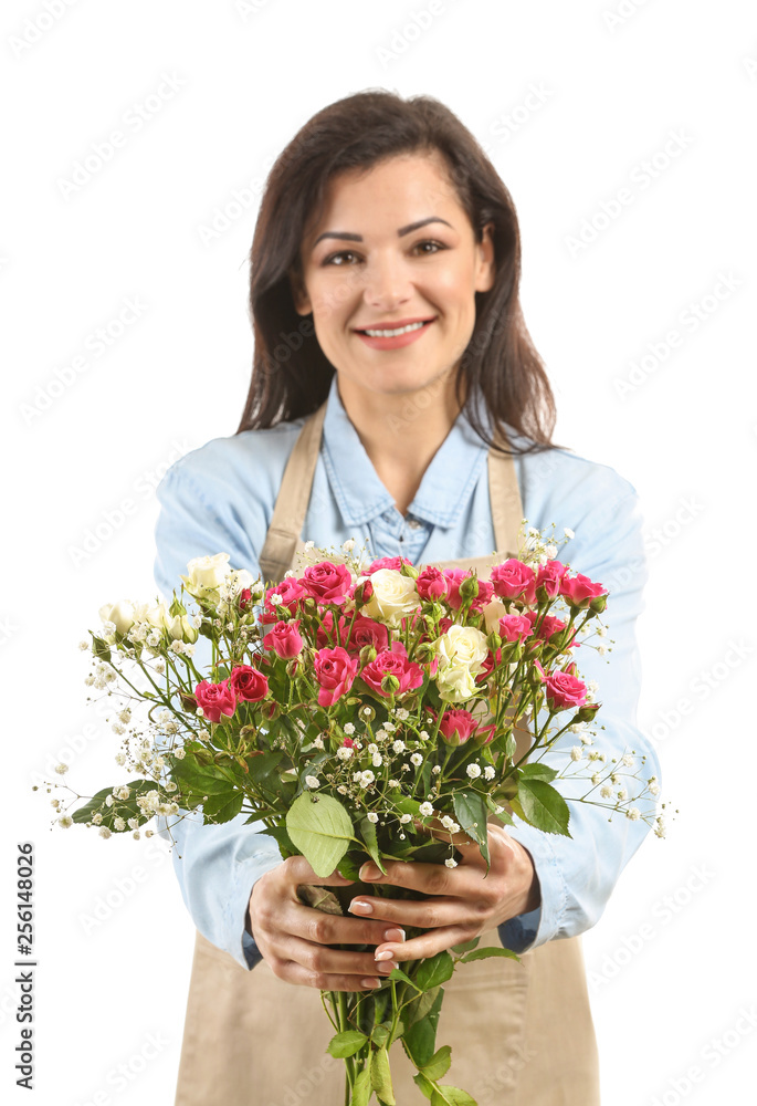 Beautiful female florist with bouquet of flowers on white background