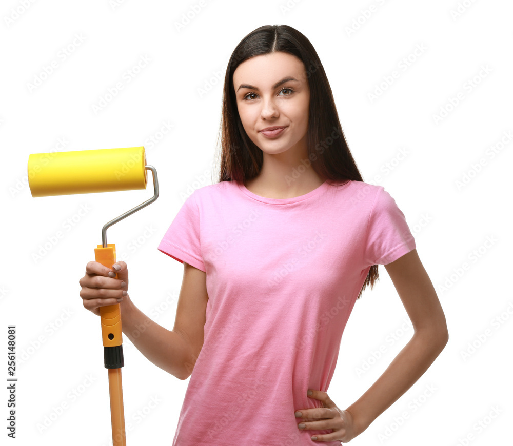 Female decorator on white background