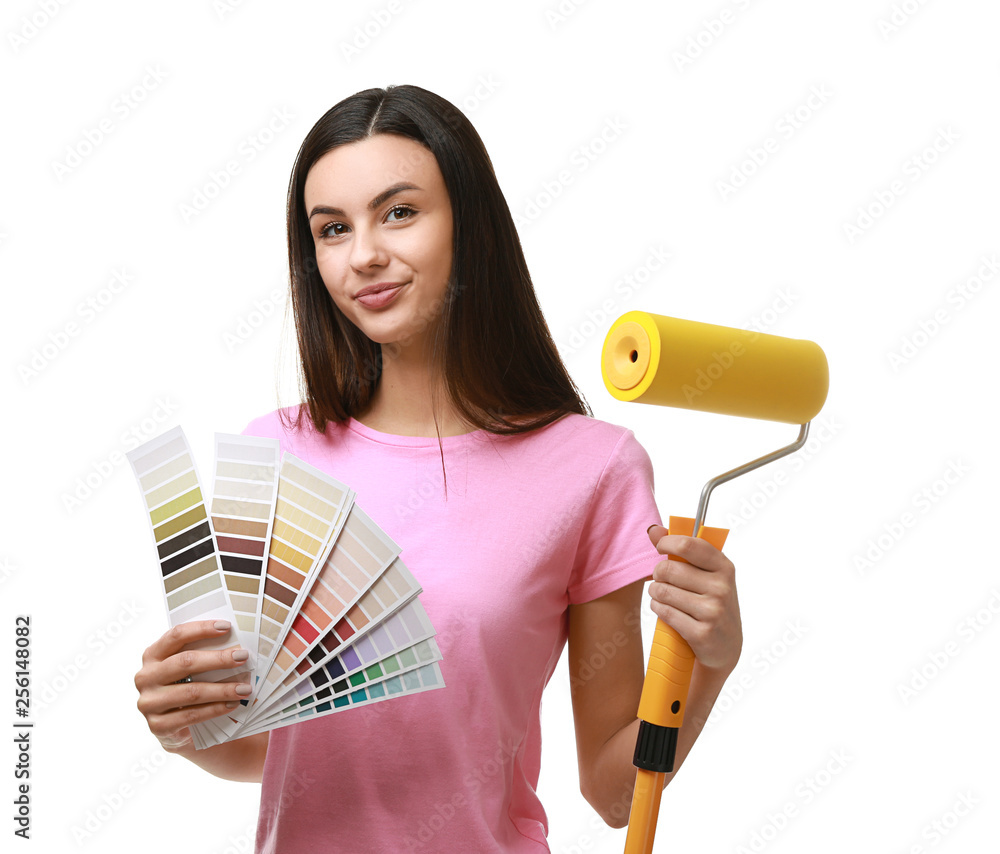 Female decorator on white background