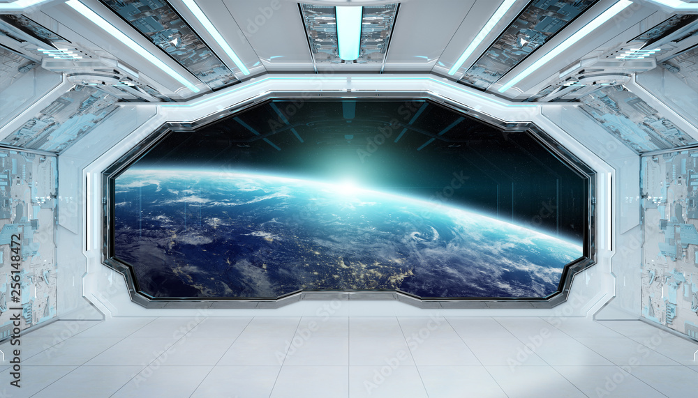 White blue spaceship futuristic interior with window view on planet Earth 3d rendering