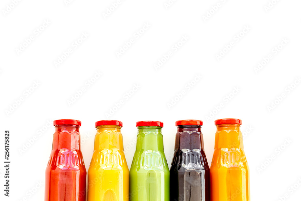 vegetable and fruit juice in bottles for diet drink on white background top view mock up